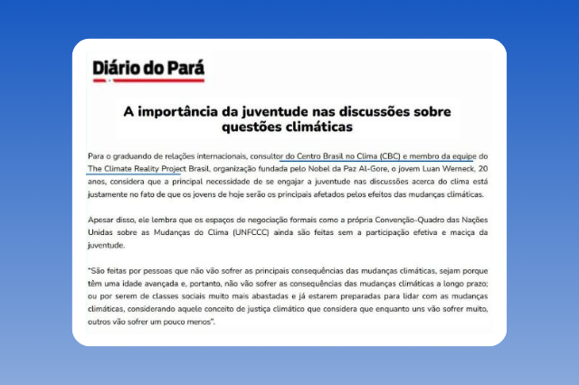 A importância da juventude nas discussões sobre questões climáticas_Diário do Pará_CBC_The Climate Reality Project Brasil