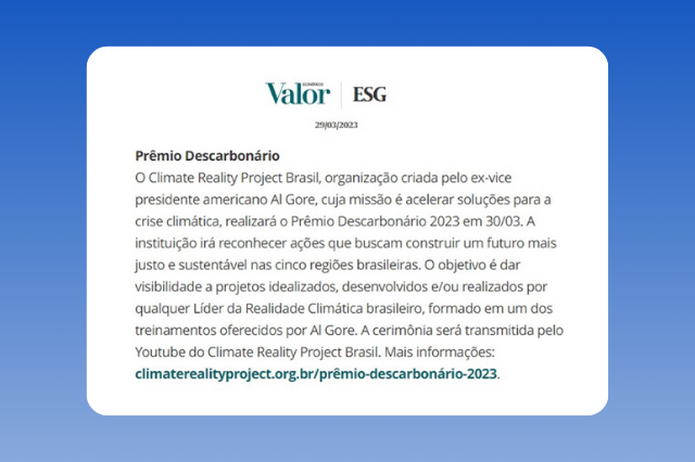 Prêmio Descarbonário 2023_The Climate Reality Project Brasil_CBC_Valor ESG